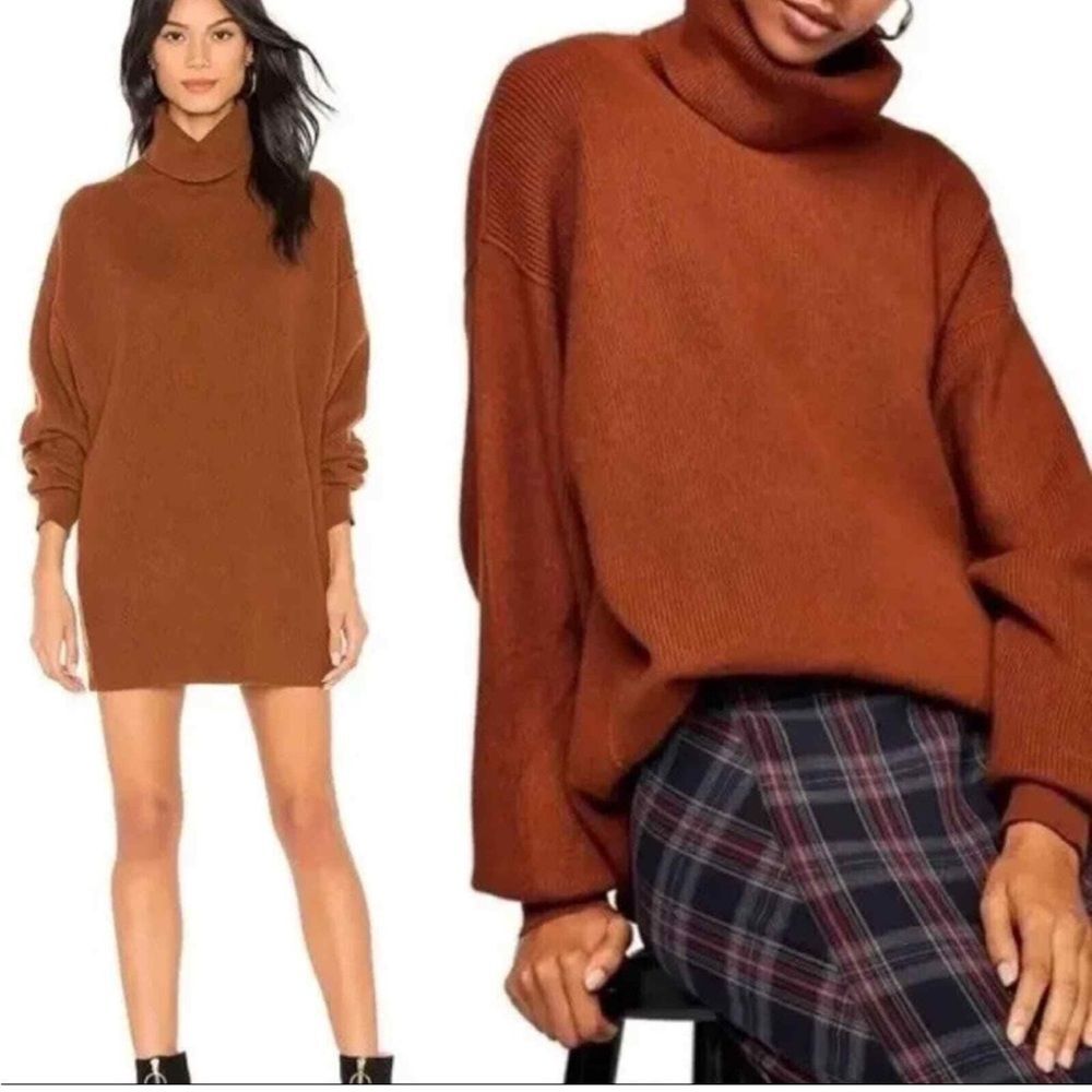 Free People Softly Structured Chestnut Turtleneck Tunic Sweater